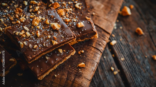 Fototapeta Close up of Saltine toffee pieces topped with chocolate and nuts on wooden table, sweet snack for dessert lovers, print for English Toffee Day and National Chocolate Day