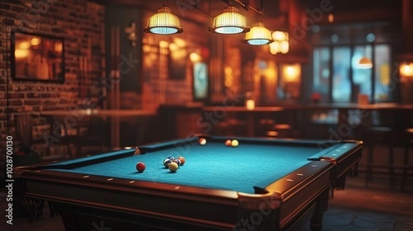 Fototapeta a pool or billiards table in a pool hall or bar with interesting lighting