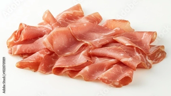 Fototapeta Delicate Slices of Prosciutto on White Background
