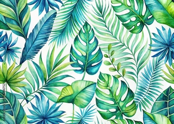 Fototapeta Tropical Watercolor Palm Leaves Pattern for Summer Decor and Design