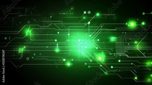 Fototapeta Abstract glowing green digital circuit board pattern background.