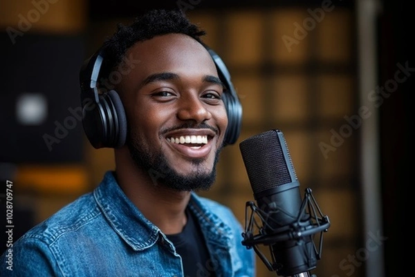 Obraz Happy radio presenter speaking into a microphone in a studio, Generative AI