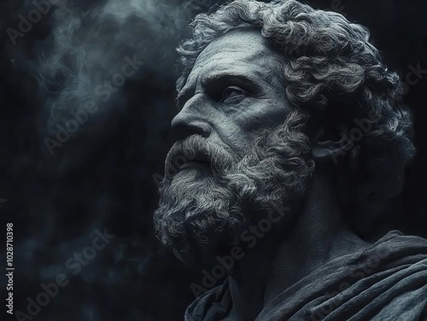 Fototapeta stoic greek philosopher captured in minimalist digital form, deep in thought, with an aura of wisdom radiating through stark contrasts and subtle textures