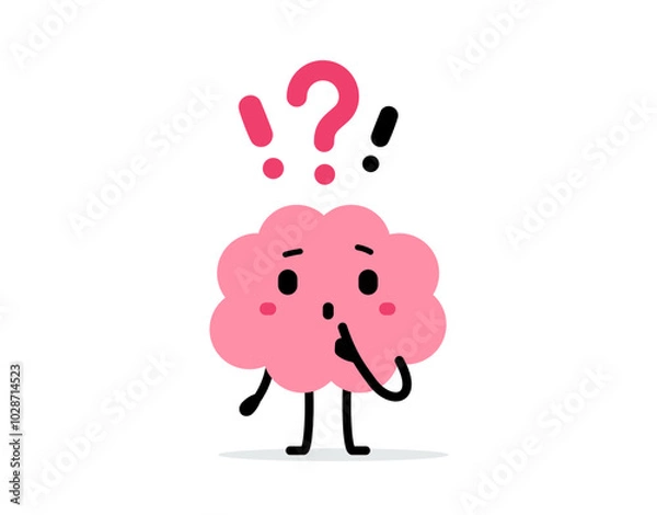 Fototapeta Vector cartoon illustration of cute happy brain kid character with exclamation and question mark on white color background. Flat doodle design style of icon of think brain