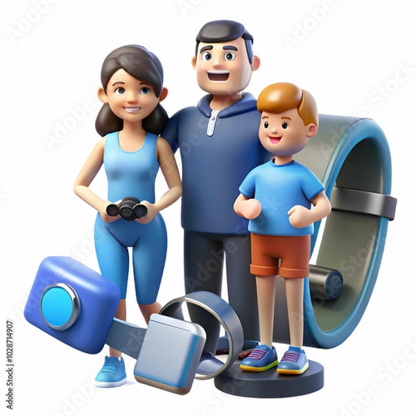 Fototapeta Tech-Savvy Family Checking Smart Wearable Devices to Monitor Fitness Progress on Glossy Business Themed Background - Modern Photo Stock Concept with Copy Space