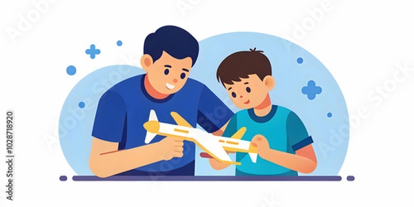 Fototapeta Father and Son Assembling a Model Airplane Together with Glossy Background and Ample Copy Space for Promoting Family Bonding Moments in Photo Stock Concept