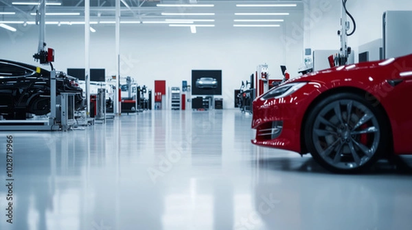 Fototapeta A high-tech repair bay in a brand-new dealership, with spotless floors, precision tools, and advanced diagnostic equipment in a spacious, empty service area.