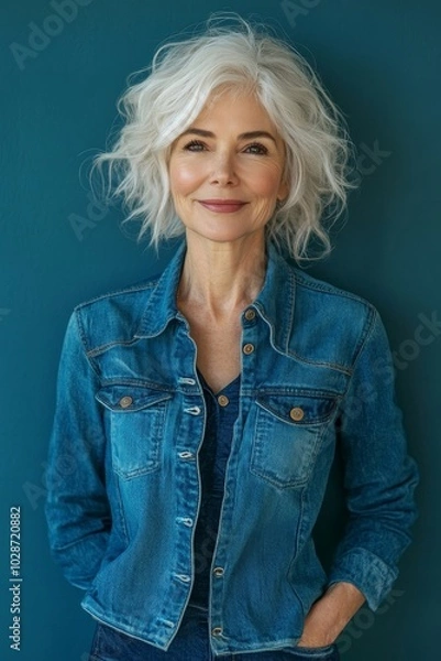 Obraz Confident senior woman with a youthful smile standing in denim outfit on cheerful blue background, Generative AI