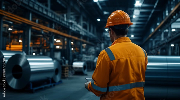 Fototapeta A dramatic shot of an aluminum worker inspecting a newly manufactured product, with large machines and industrial equipment in the background, symbolizing quality control and preci