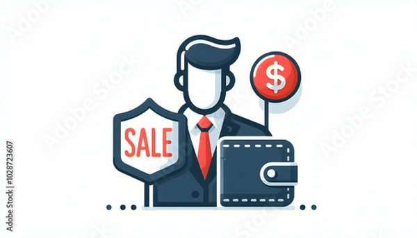 Fototapeta Flat Isolated Sale Badge and Wallet Vector Design ? A Sleek and Modern Illustration for E-Commerce and Retail Sales, Ideal for Financial Management and Promotions