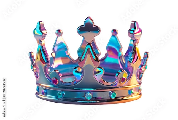 Fototapeta 3D chrome element in Y2K style, isolated background, liquid holographic metal. A shiny, colorful crown with a blue and purple design.