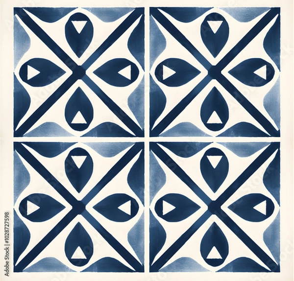 Fototapeta Vintage Blue Tile geometric design seamless pattern with ornamental element. Traditional Portuguese azulejo motifs.