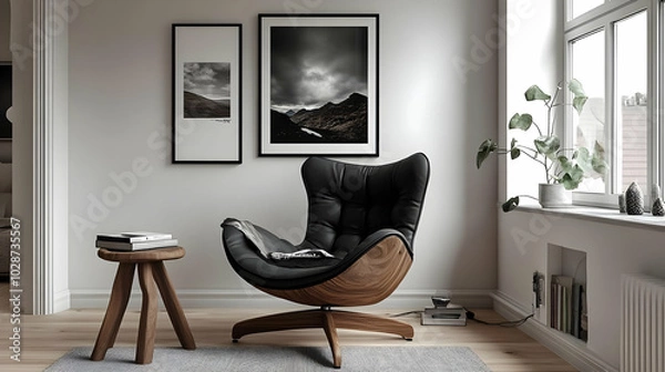 Fototapeta Cozy interior featuring a stylish chair and framed landscape art.