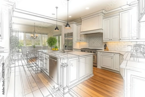 Obraz Contractor remodeling kitchen with blueprints and wood details, Generative AI