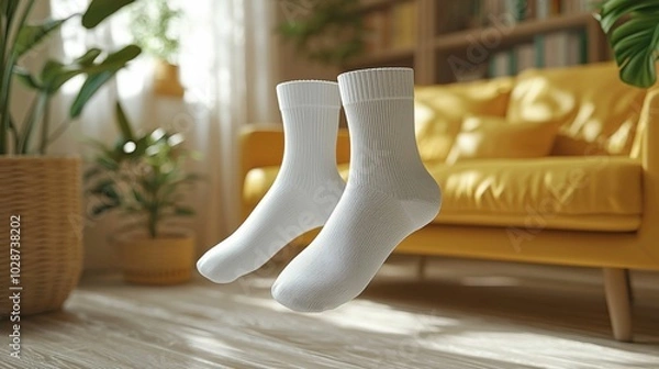 Fototapeta A pair of white socks hover in a cozy living room setting with a yellow couch, showcasing a relaxed and stylish home aesthetic.