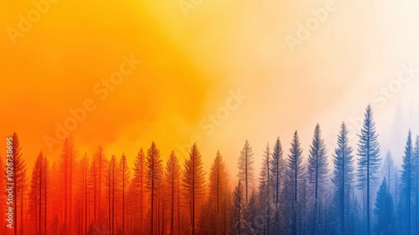 Fototapeta Gradient forest landscape with stark contrasts between fiery orange and tranquil blue hues in a misty atmosphere