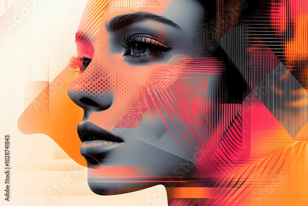 Fototapeta artistic portrayal of a female face seamlessly blended with geometric shapes, bold lines, and vibrant patterns