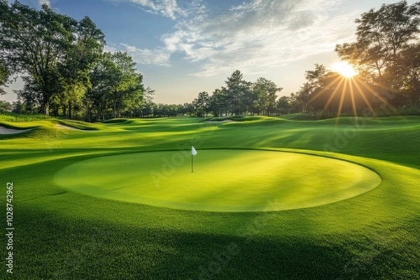 Obraz Golf course with a green at the end with a hole pin