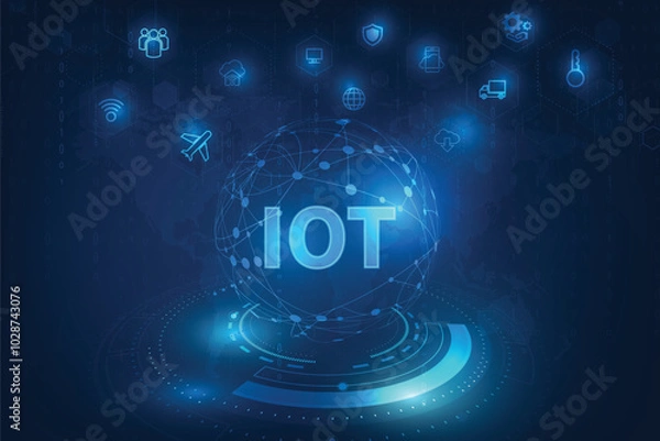 Obraz Internet Of Things (IOT) Concept. Big Data Cloud Computing Network Of Physical Devices With Secure Network Connectivity on dark blue color background.	