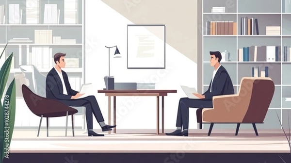 Fototapeta Two Men in Suits Sitting and Discussing Documents in an Office