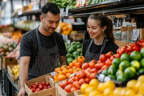 Fototapeta Supermarket manager giving training to a trainee, Generative AI