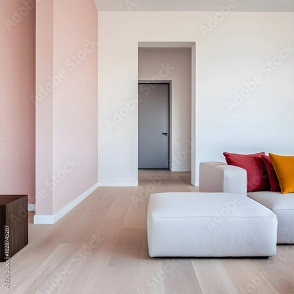 Fototapeta Modern minimalist living room with soft color palette