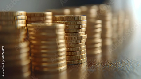 Fototapeta 3D Ascending Coins Forming Bar Graph Concept - Medium Shot of Rising Coins Against White Background, Showcasing Financial Growth & Economic Success
