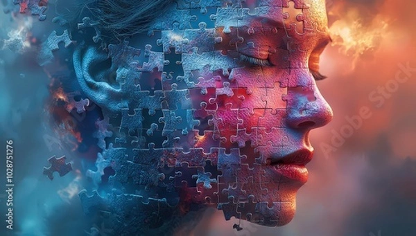 Fototapeta A human head with puzzle pieces emerging from it, set against a gradient background with soft lighting. 