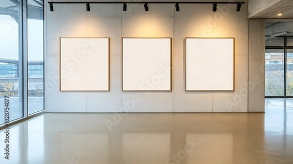 Fototapeta Three blank posters side by side on a smooth concrete wall in a contemporary indoor space with industrial lighting and a polished floor. 