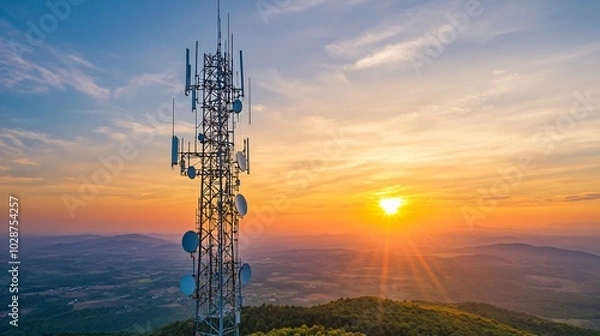 Fototapeta Telecommunication tower on the mountain with beautiful sunrise in the background. Copy space.