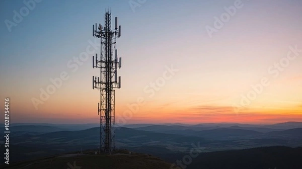 Fototapeta Telecommunication tower on the mountain with beautiful sunrise in the background. Copy space.