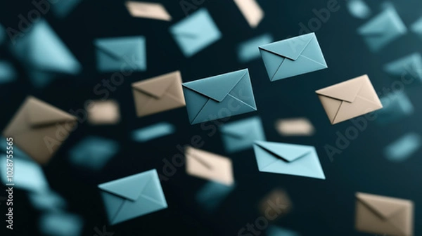 Fototapeta Floating blue and brown envelopes in a dark, blurred background conveying the concept of communication and mail delivery in a digital context.
