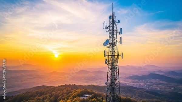 Fototapeta Telecommunication tower on the mountain with beautiful sunrise in the background. Copy space.