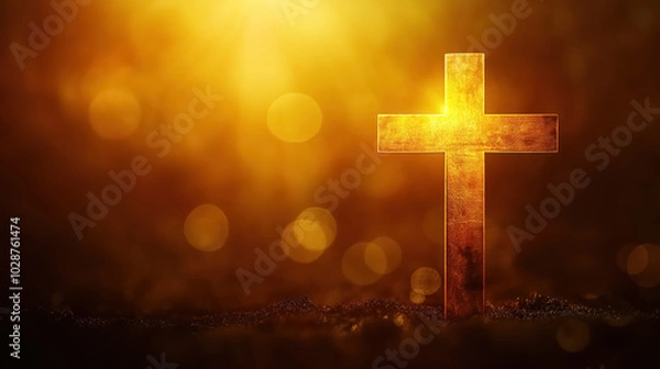 Fototapeta A shining gold cross on a warm, fuzzy background