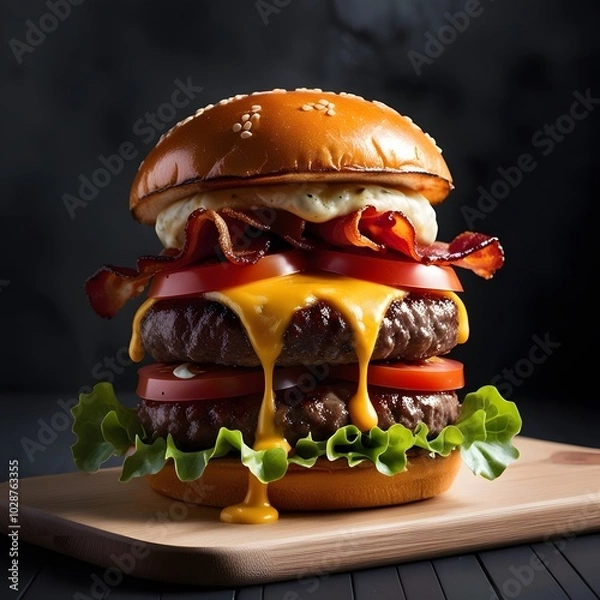 Fototapeta Delicious hamburger with beef bacon cheese and fresh vegetables isolated on a black background