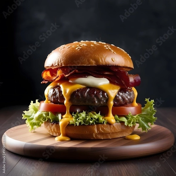 Fototapeta Delicious hamburger with beef bacon cheese and fresh vegetables isolated on a black background