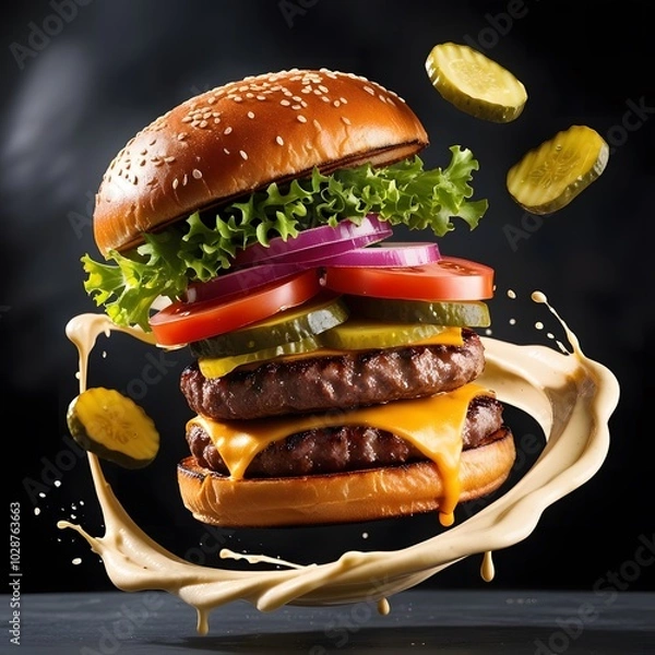 Fototapeta Delicious hamburger with beef bacon cheese and fresh vegetables isolated on a black background