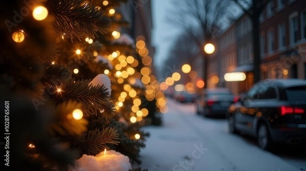 Obraz A blurred background with the outlines of the urban Christmas landscape: houses, cars, garlands, fir trees.