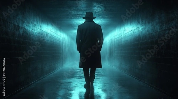 Fototapeta A man is walking down a dark tunnel with a hat on