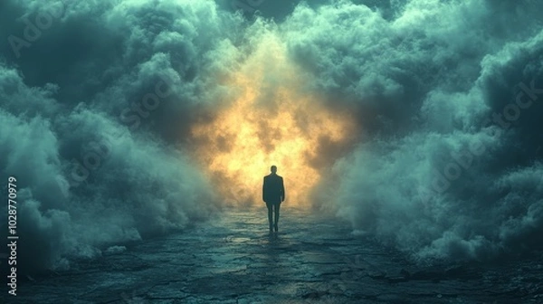 Fototapeta A man is walking through a foggy, smoke-filled tunnel