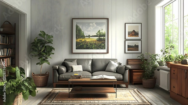 Fototapeta Modern living room with plants and artwork, creating a cozy atmosphere.