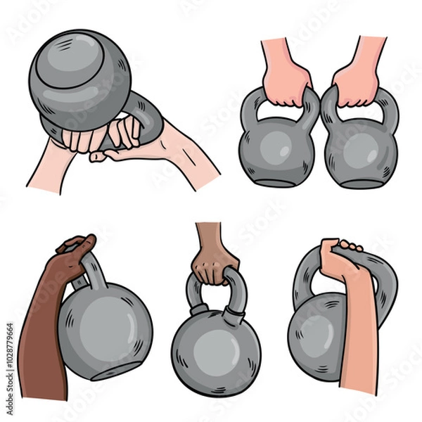 Fototapeta Color vector illustration of hands holding kettlebells in various positions and skin tones. Perfect for fitness and training designs.