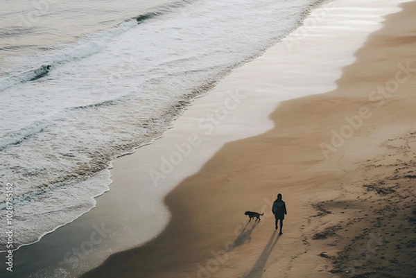 Fototapeta A solitary figure walks along a sandy beach with gentle waves lapping at the shore creating a serene and peaceful atmosphere