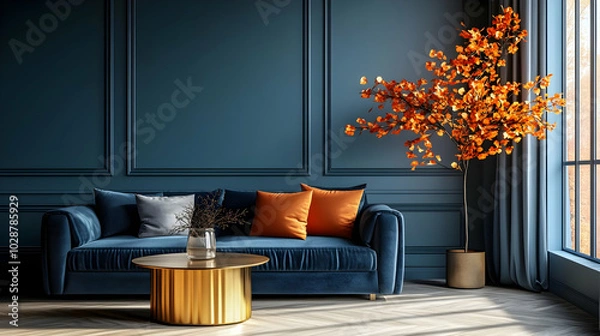 Fototapeta Cozy living room with a blue sofa and autumn-themed decor.