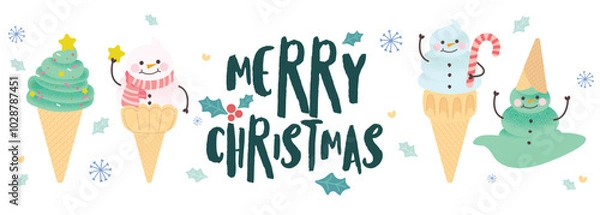 Obraz Seamless Christmas with Cute cartoon ice cream snowmen in waffle cones, flat and colorful illustration.