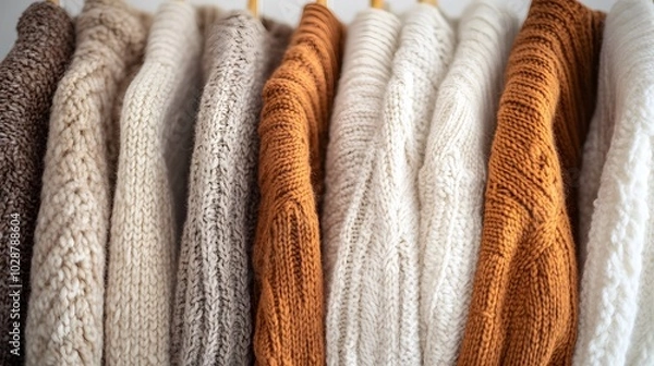 Fototapeta Close-up of various knitted wool sweaters in warm autumn colors hanging on a white rack, showcasing textured chunky knit patterns and cozy fashion.