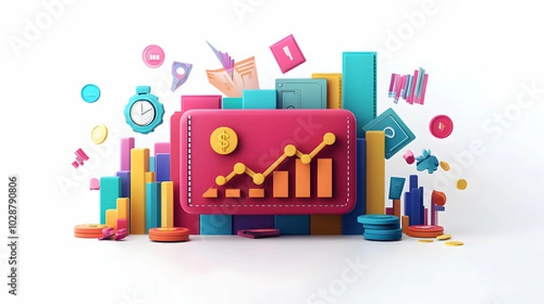 Fototapeta 3D Floating Wallet Icon with Growth Symbols: Upward Arrows and Graphs on Isolated White Background for Financial Success and Business Growth