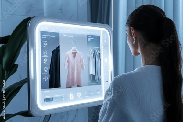 Fototapeta UI design of a Smart Mirror that recommends clothes based on a woman's reflection.