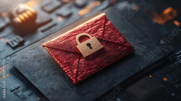 Fototapeta red envelope with golden padlock symbolizes secure communication and privacy in digital age. This conveys sense of protection and confidentiality