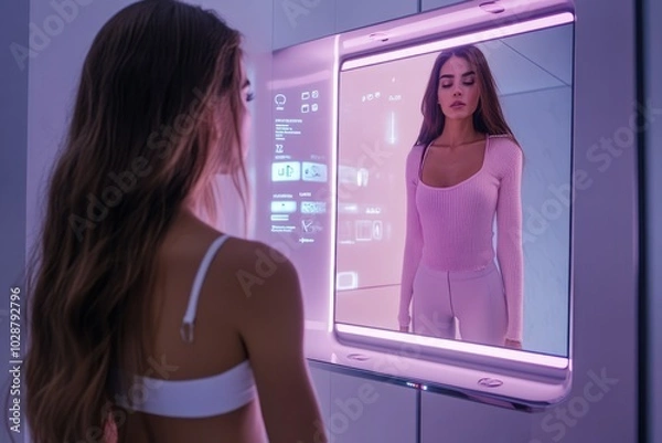 Obraz UI design of a Smart Mirror that recommends clothes based on a woman's reflection.